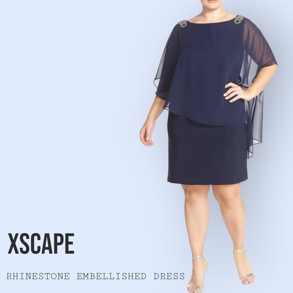 NWT XSCAPE Rhinestone Embellished Shoulders Navy Blue Cocktail Dress, 18W - Picture 1 of 11